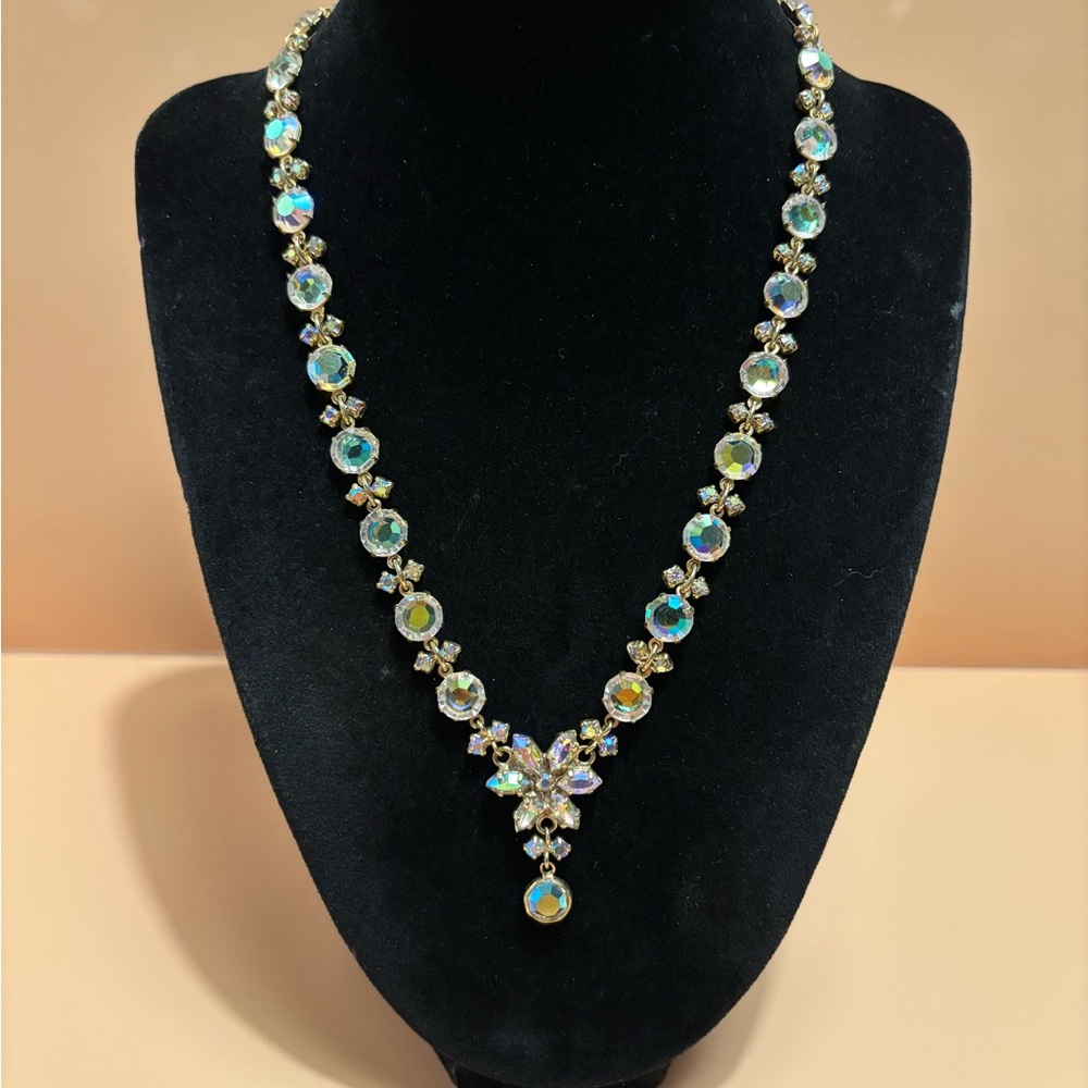 Vintage Suzanne Bjontegard AB Crystal Flower Drop Necklace 18”+2”